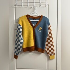 Vans Colorblock Checkerboard V-Neck Cardigan - Yellow, Blue & Brown